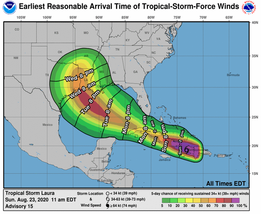 Earliest arrival times for wind for Hurricane Laura
